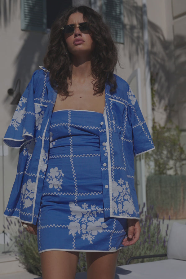 Amira Strapless Mini Dress - Postcard, Blue & White Check Flowers Print