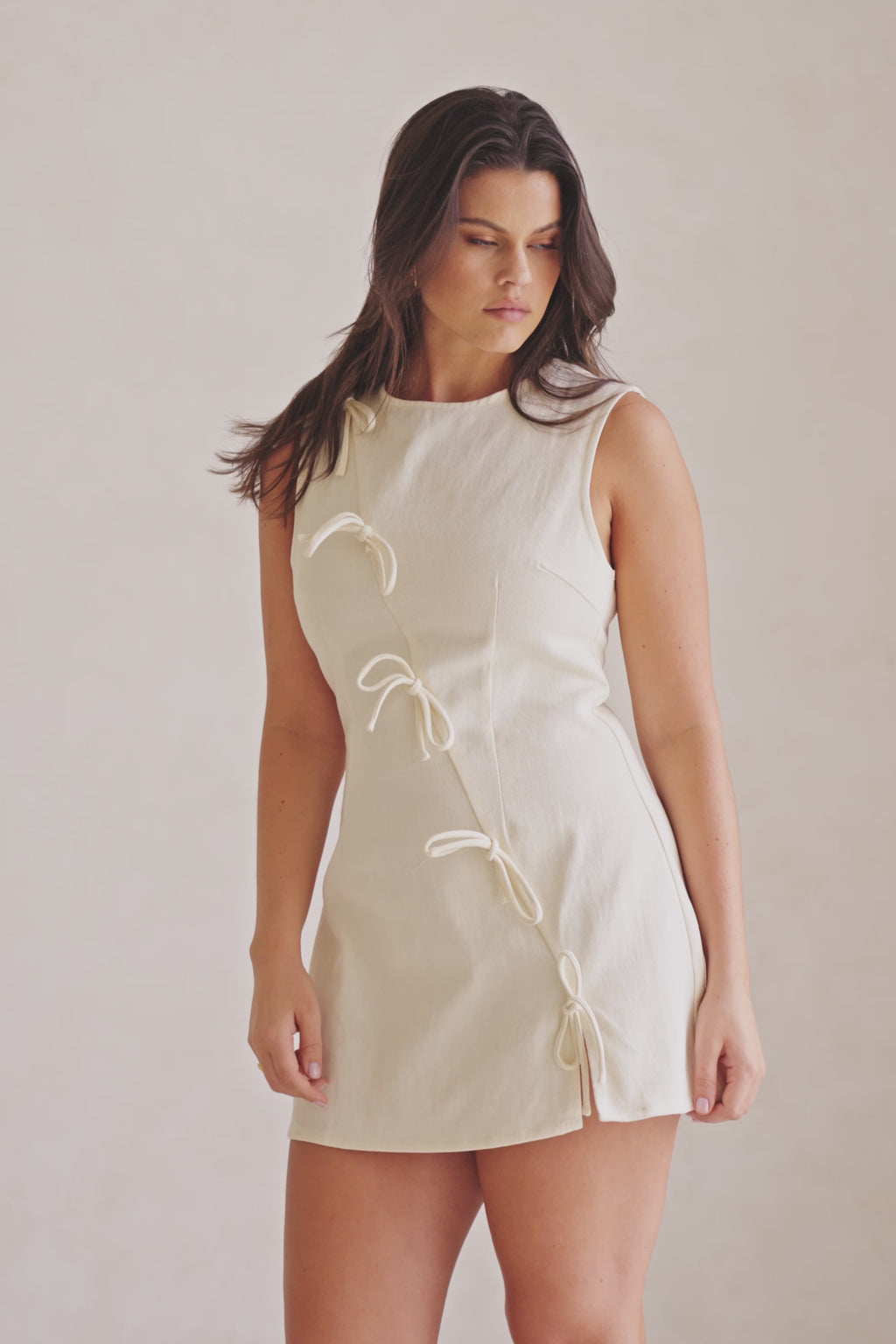 Cream Denim A-Line Bow Mini Kapri Dress