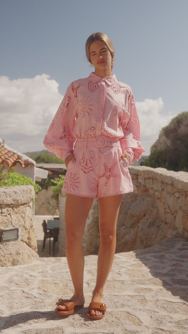 Pink Embroidered Long Sleeve Collar Carilo Top