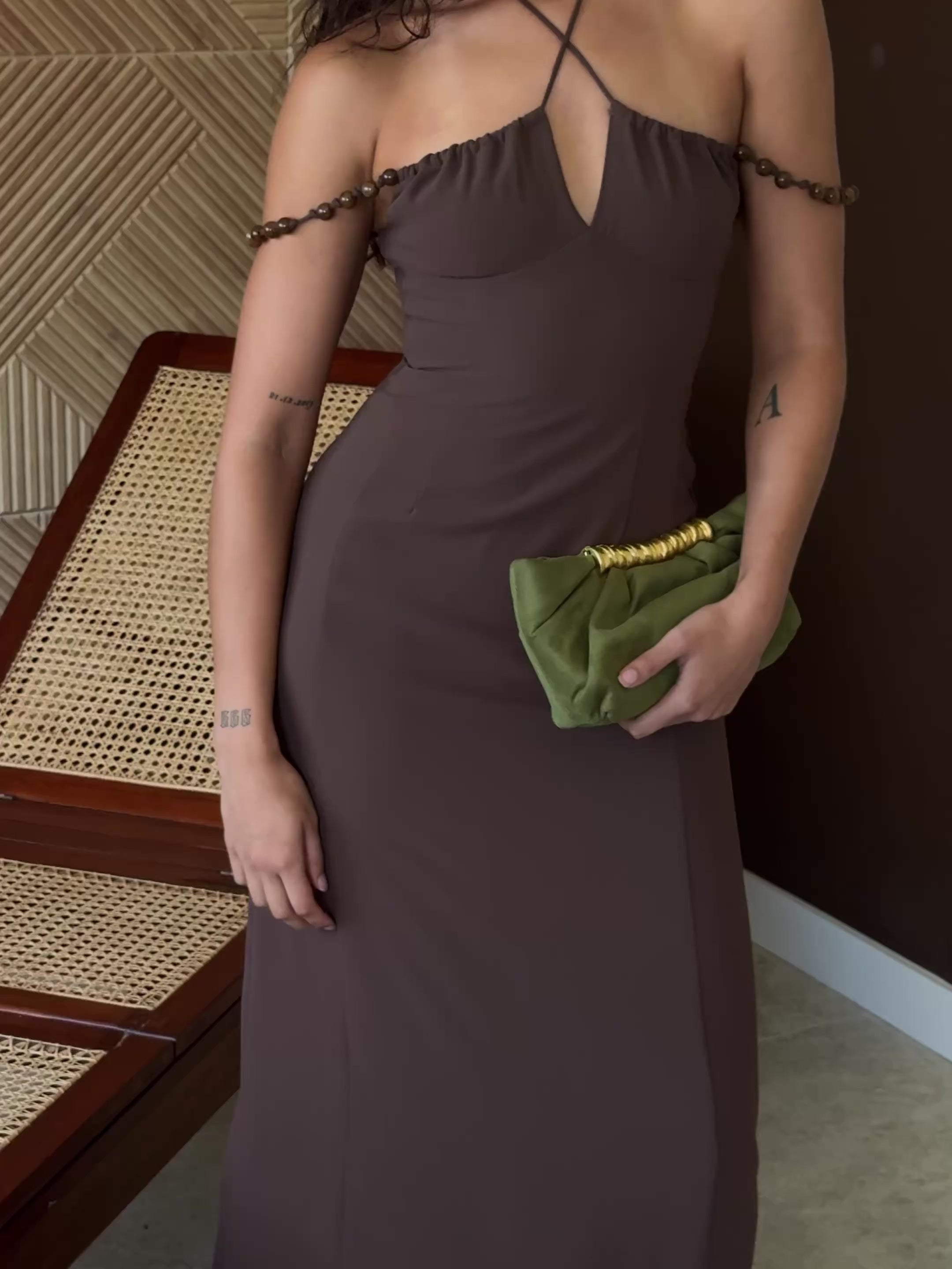 Chocolate Brown Halter Founcy Maxi Marlena Dress  SABO