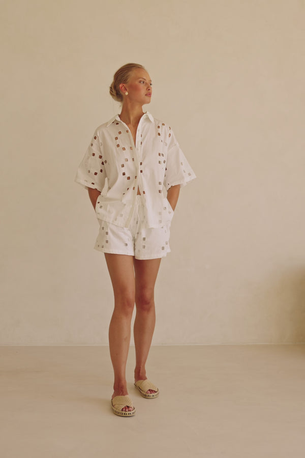 White Cutwork Pint Drawstring Cutout Ellakai Shorts