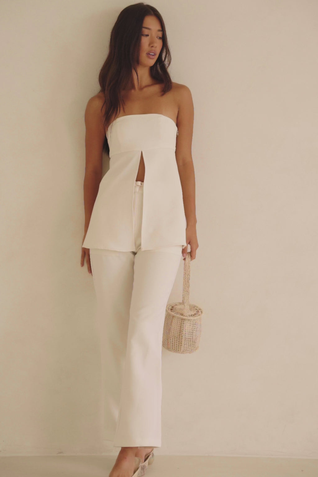 Cream Tailored High Waist Gold Belt Pocket Aila Pants