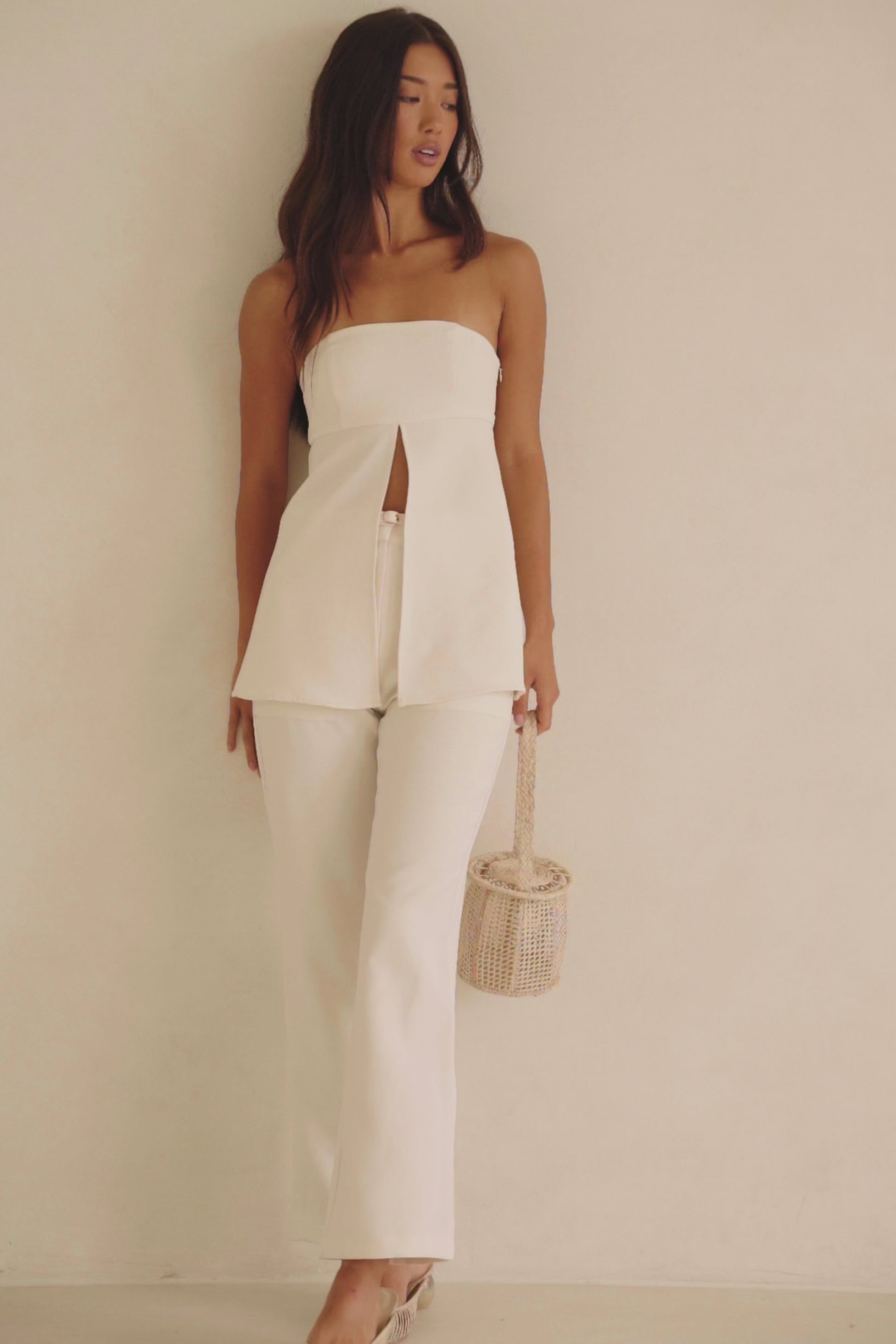 Cream Tailored High Waist Gold Belt Pocket Aila Pants