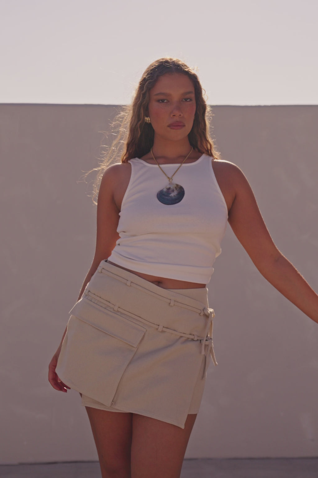Beige Tie Mini Luna Skirt