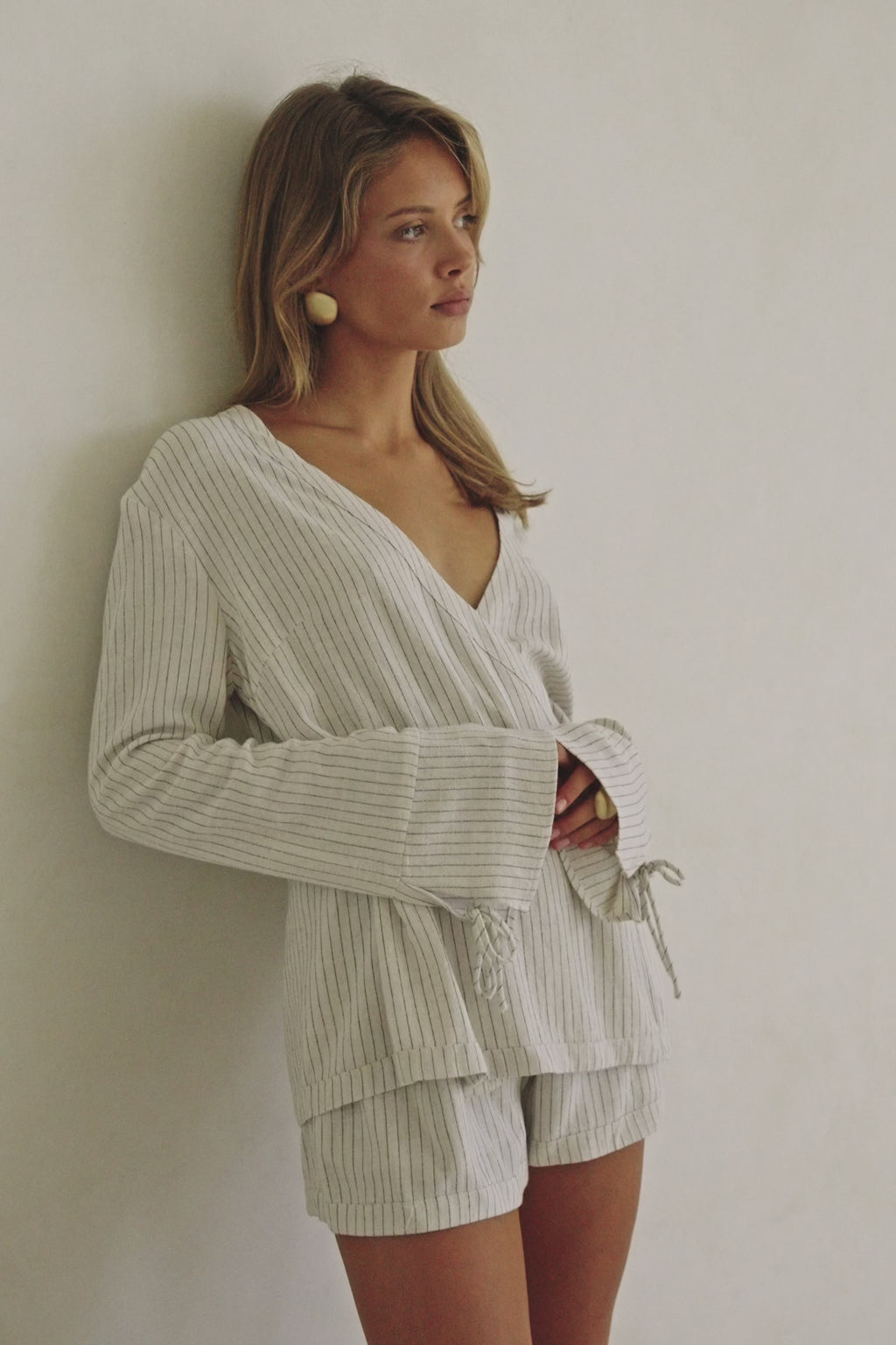 Beige and Black Pinstripe Lyla Wrap Top