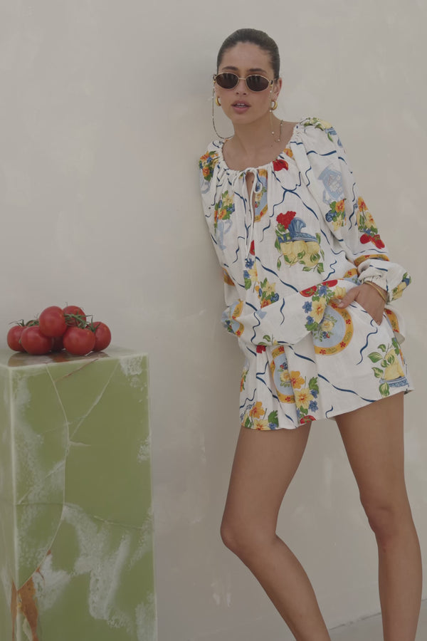 White Trattoria Print Drawstring Amorina Shorts