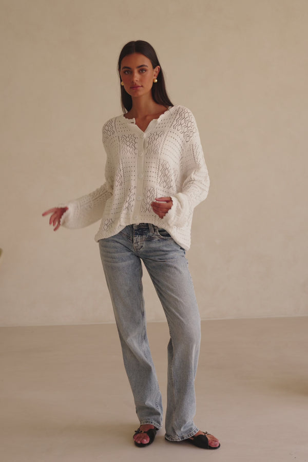 White Knit Long Sleeve Button Up Martina Top