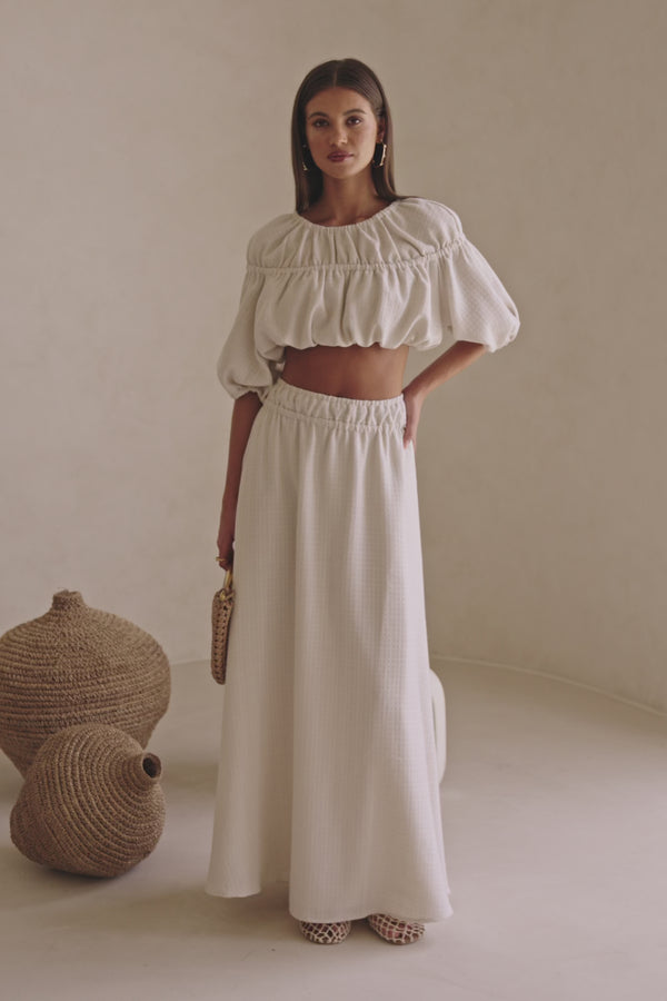 Beige Ruched Puff Sleeve Astra Crop Top