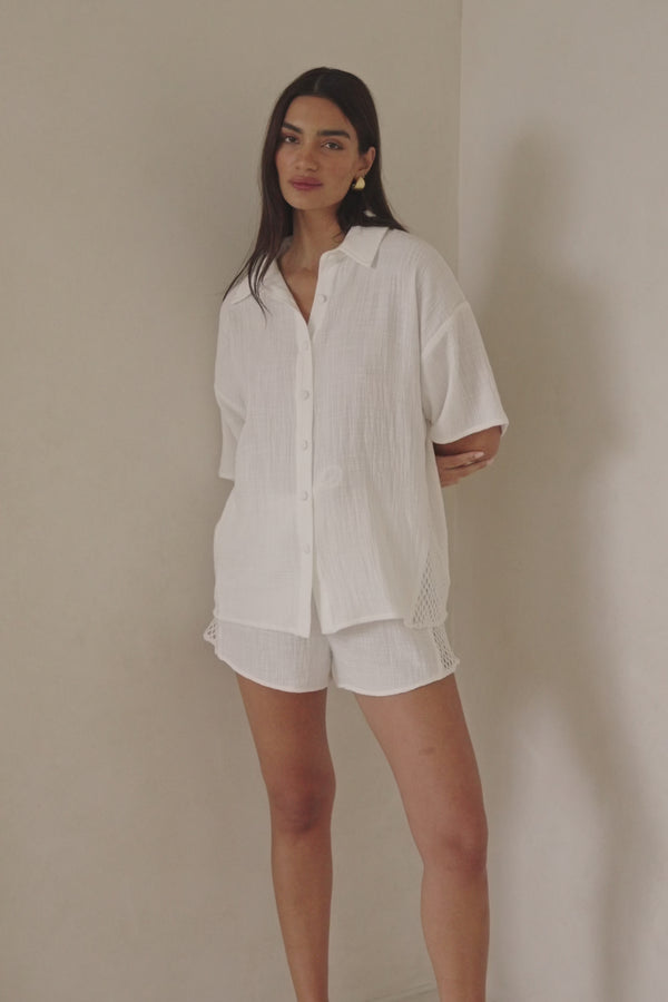 White Cotton Short Sleeve Button Up Inara Top
