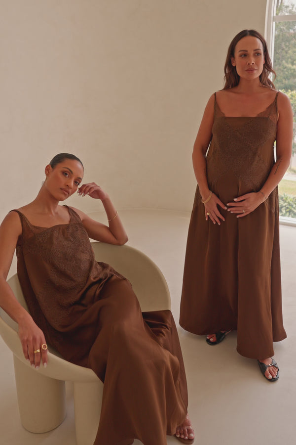 Brown Silky Lace Thin Strap Maxi Aelin Dress