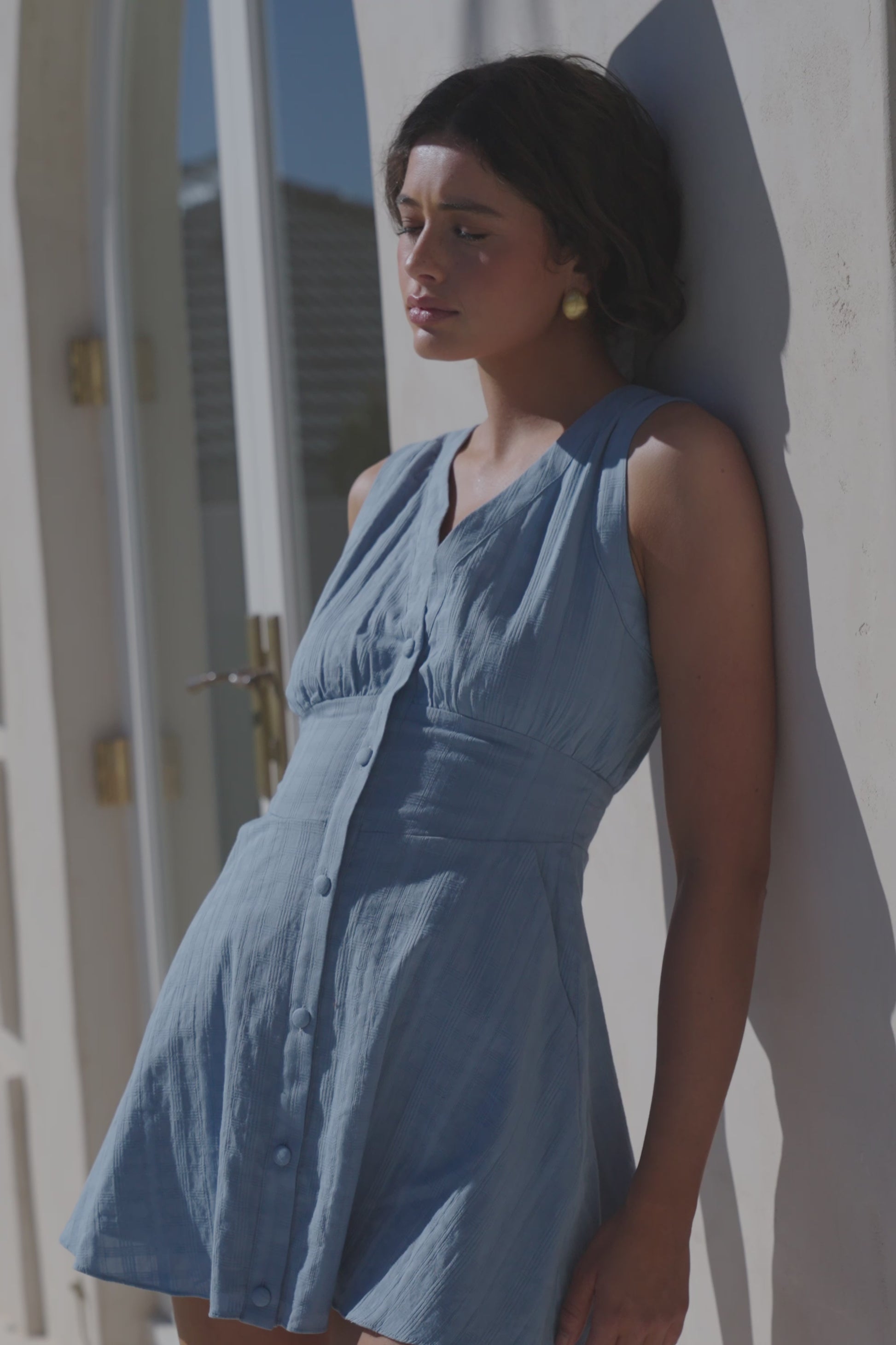 Blue V Neck Button Up Mini Shaelagh Dress