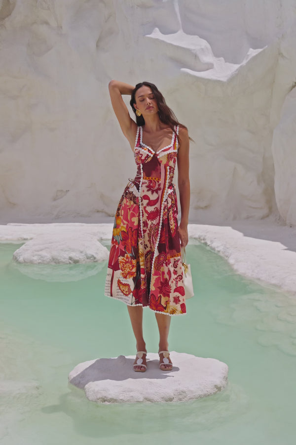 Red Floral Barocca Print Sweetheart Maxi Alessa Dress
