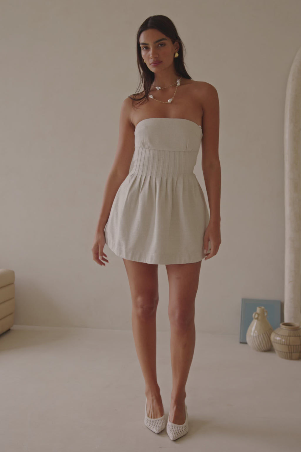 Beige Strapless Pin Tick Mini Tabi Dress
