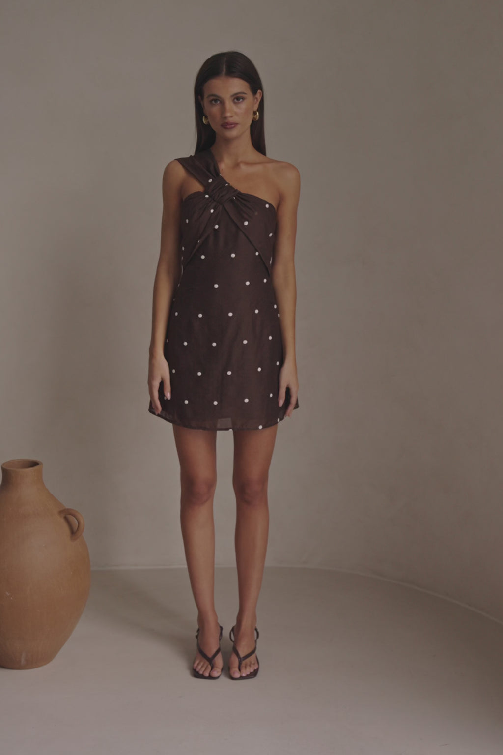 Chocolate Speck Polka Dot One Shoulder Mini Dimmi Dress