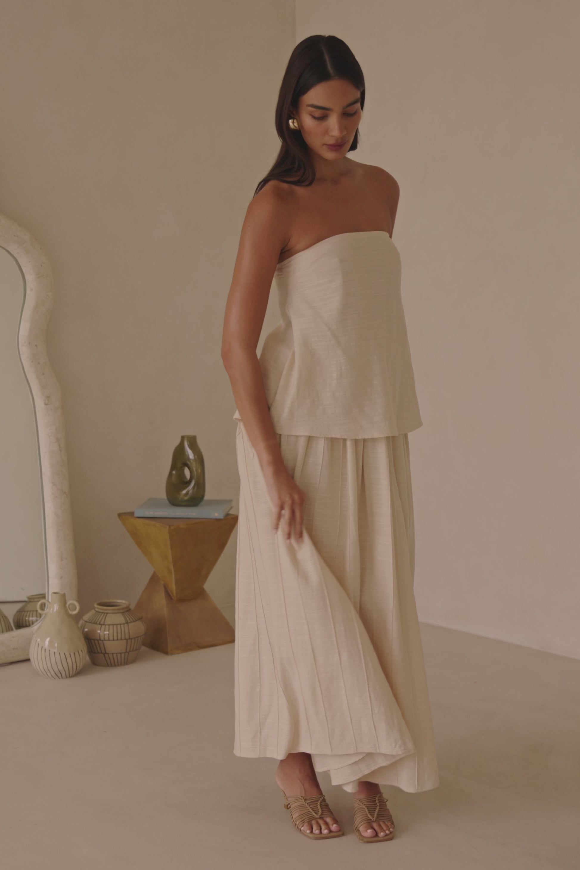 Beige Boxy Pleated Maxi Aviana Dress