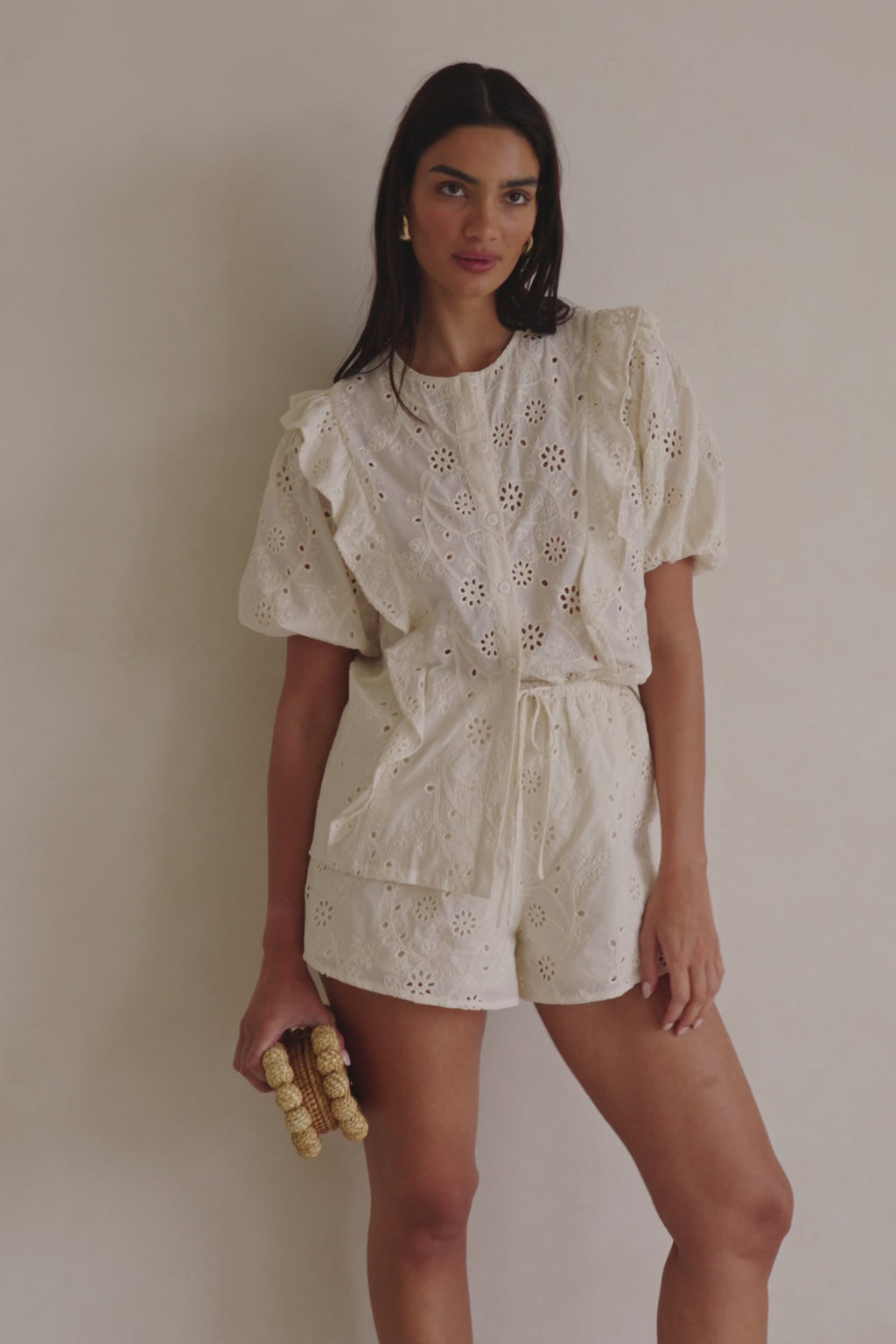 Beige Broderie Drawstring Wynter Shorts