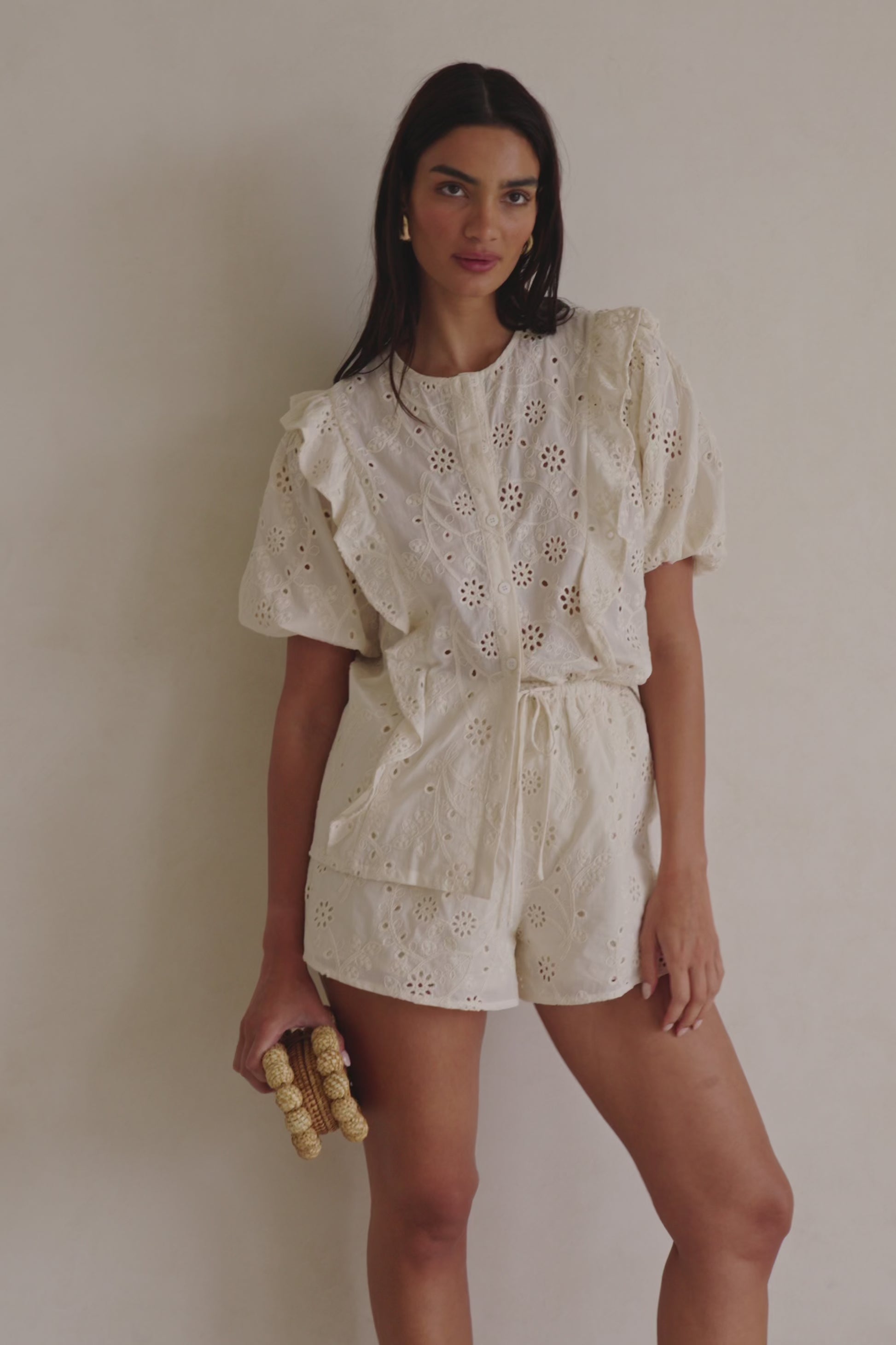 Beige Broderie Drawstring Wynter Shorts