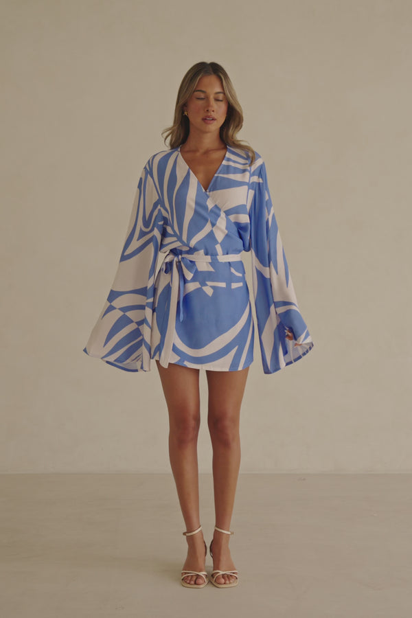 Palm Blue Print Long Sleeve Flared Wrap Mini Aleksi Dress