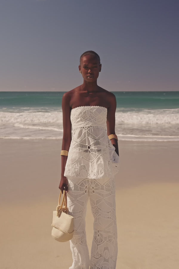 White Embroidered Cutwork Wide Leg Donna Pants