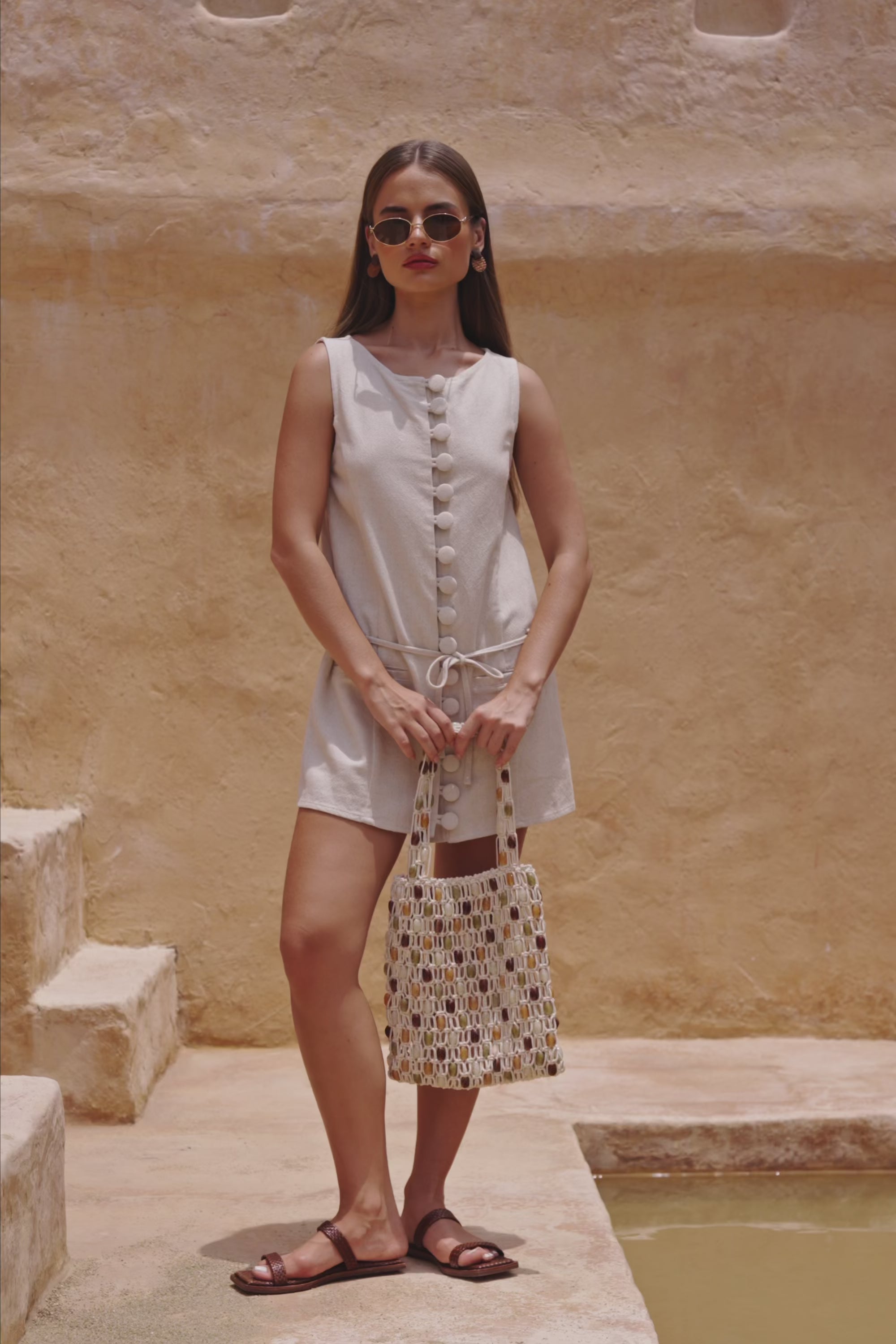 Beige Button Up Mini Alianna Dress