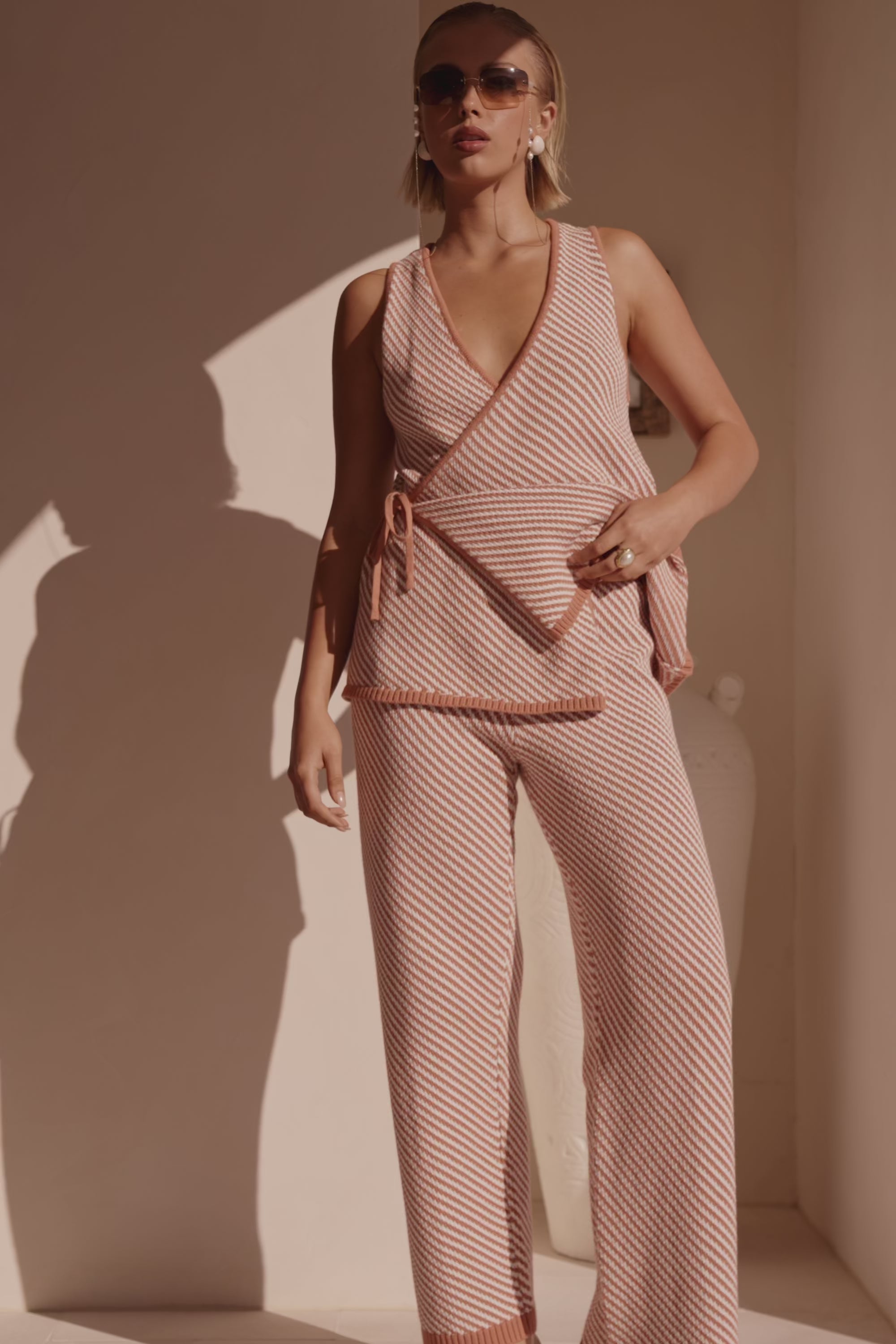 White and Coral Orange Stripe Elastic Billy Pants