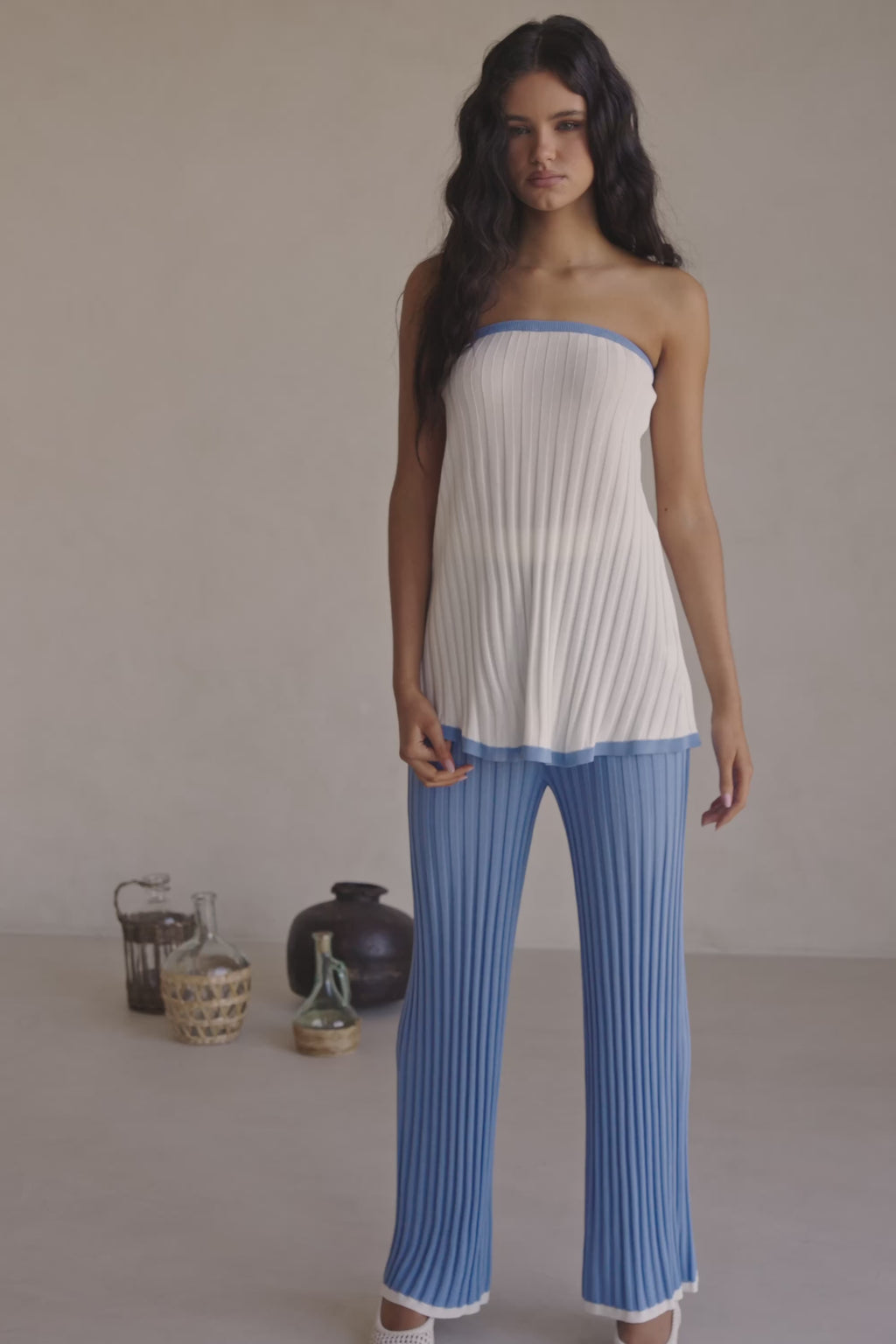 White and Blue Ribbed Strapless Winnie Top