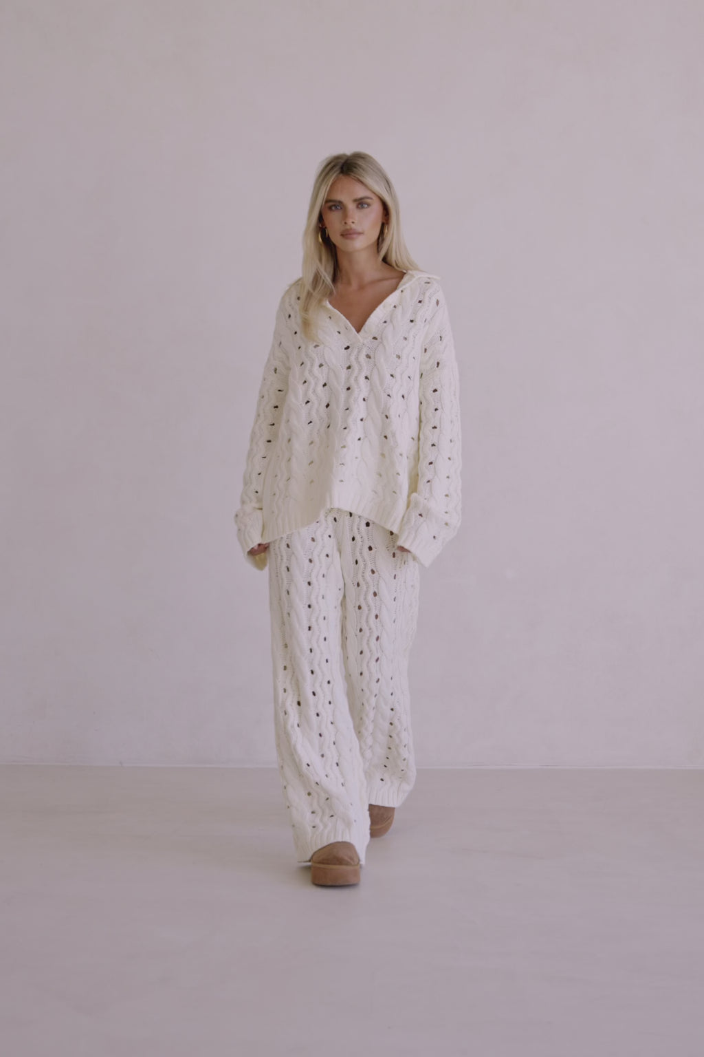 Cream Cable Knit Long Sleeve Collar Elana Sweater