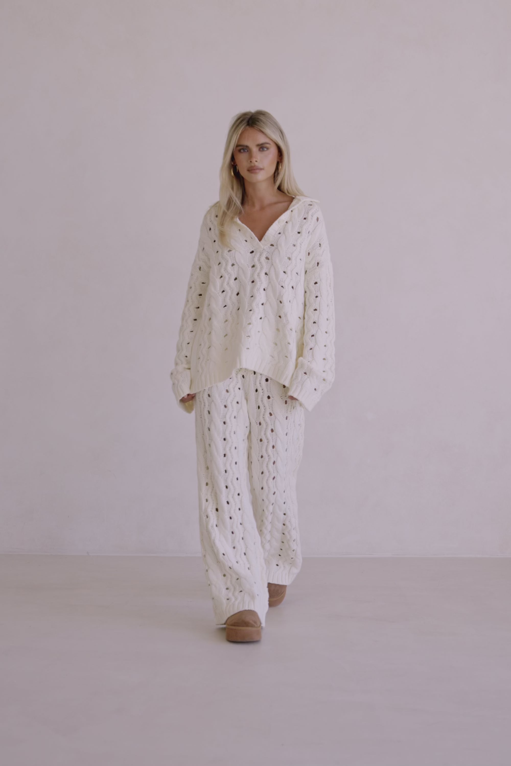 Cream Cable Knit Long Sleeve Collar Elana Sweater