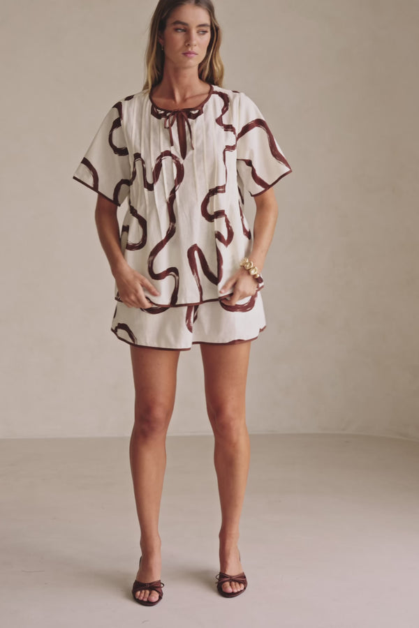 Cream Marbled Mocha Floral Elastic Drawstring Rayne Skirt