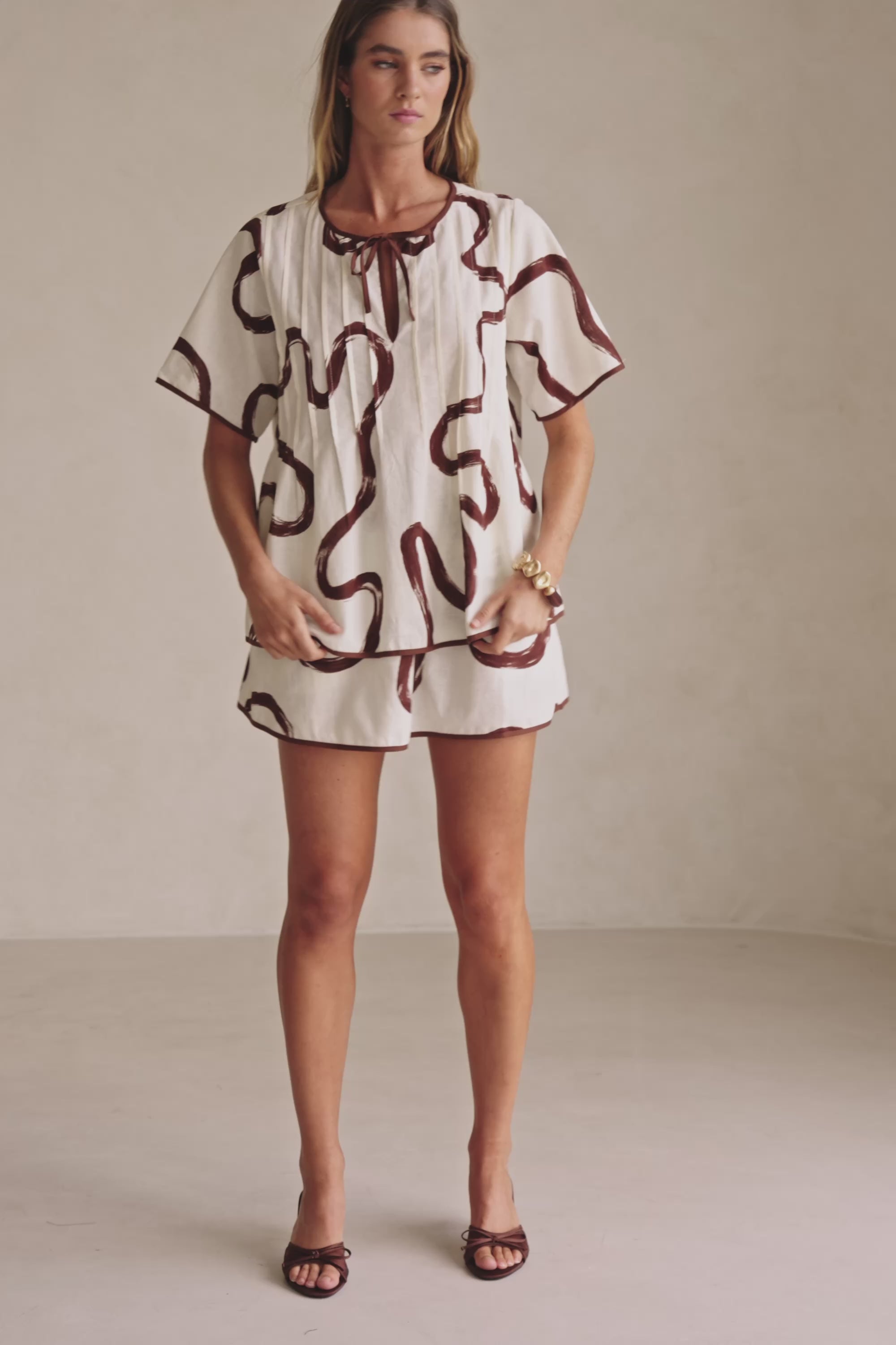 Cream Marbled Mocha Floral Elastic Drawstring Rayne Skirt