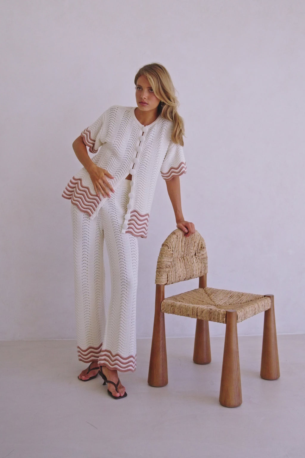 Cream Wavy Cotton Knit Button Up Janaya Top