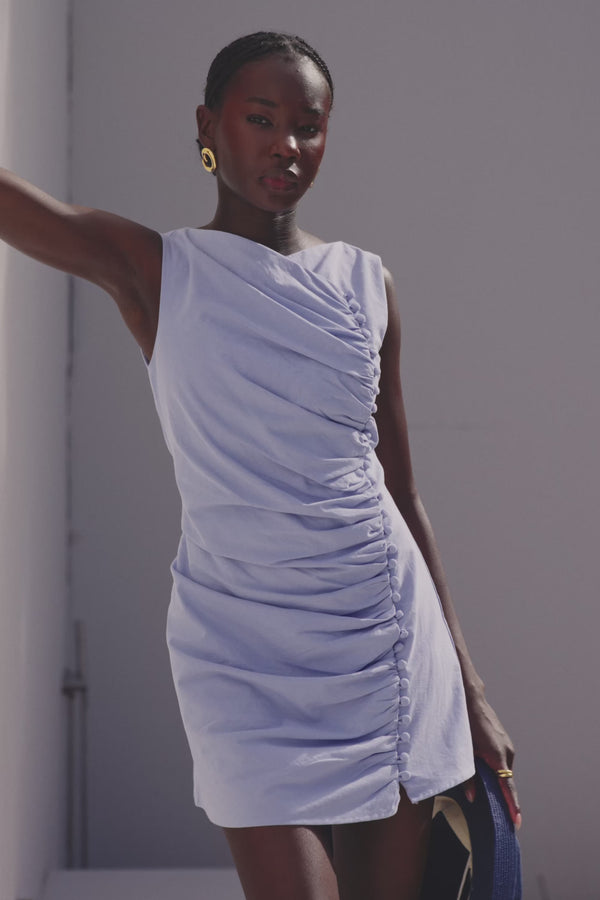 Blue Ruched Button Mini Alchemy Dress