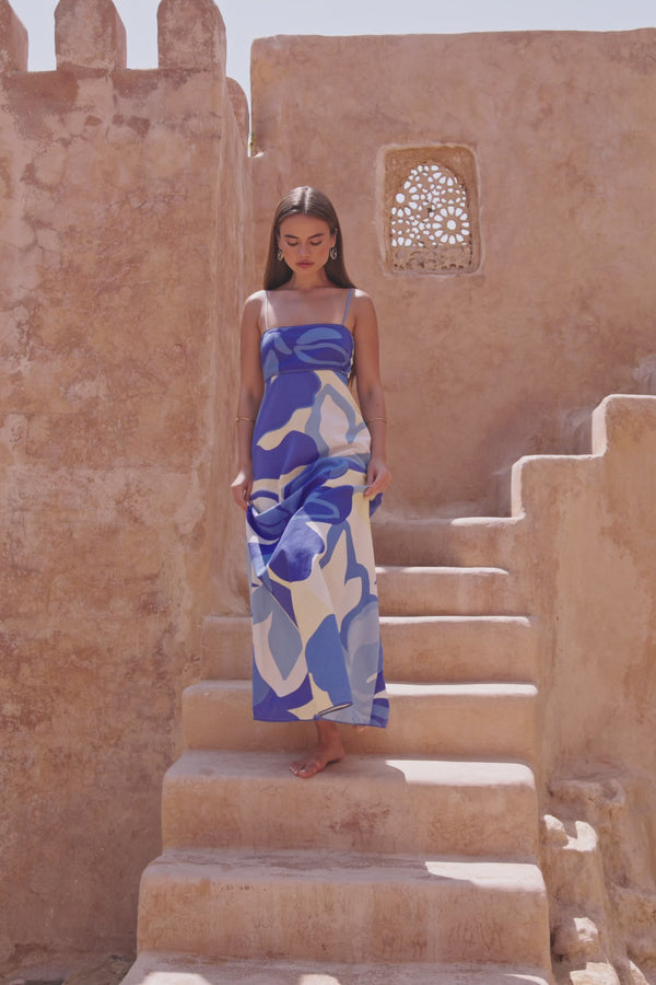 Valley Blue Print Strappy A Line Maxi Tasmin Dress