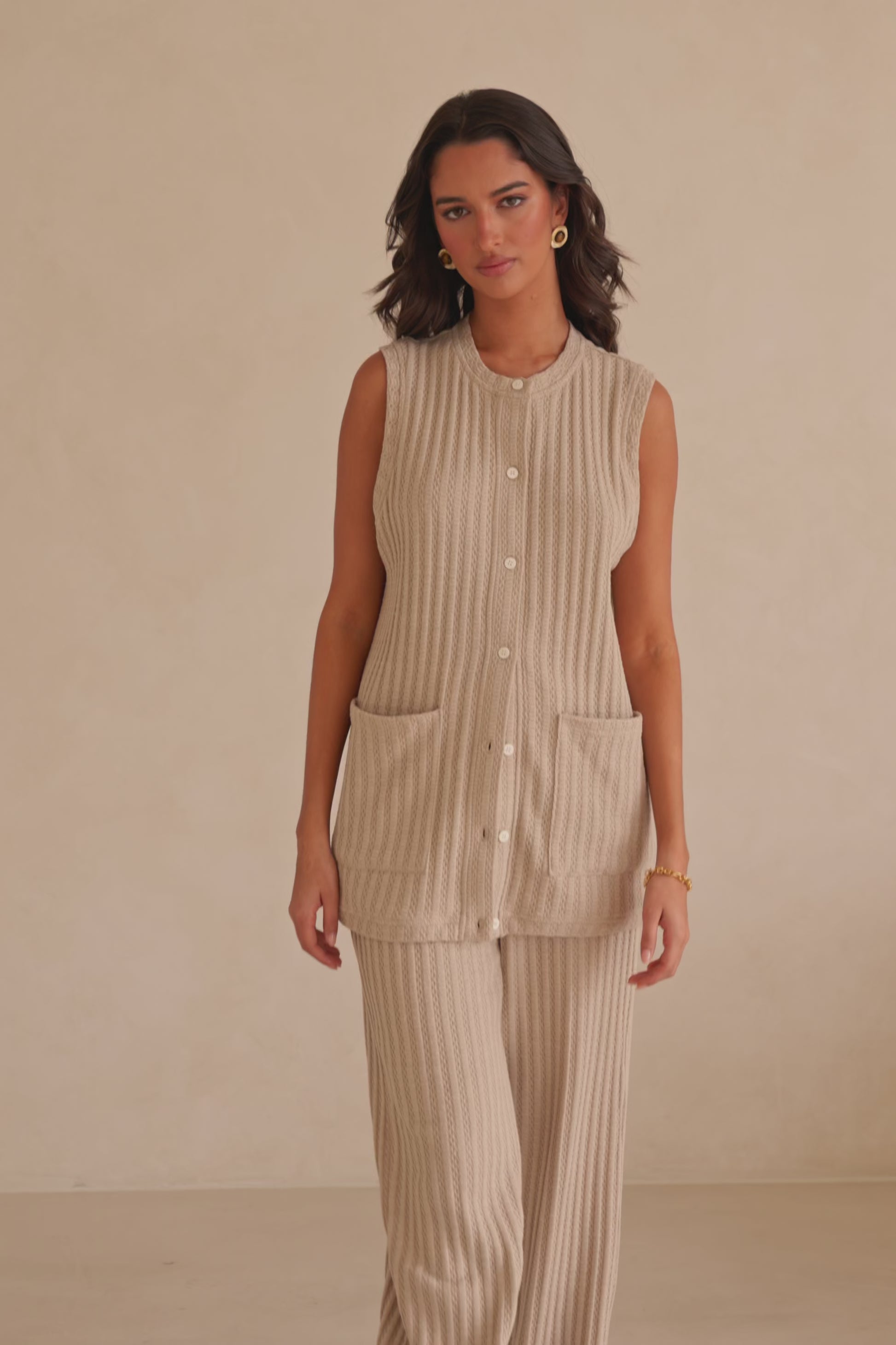 Beige Woven High Waist Wide Leg Eila Pants