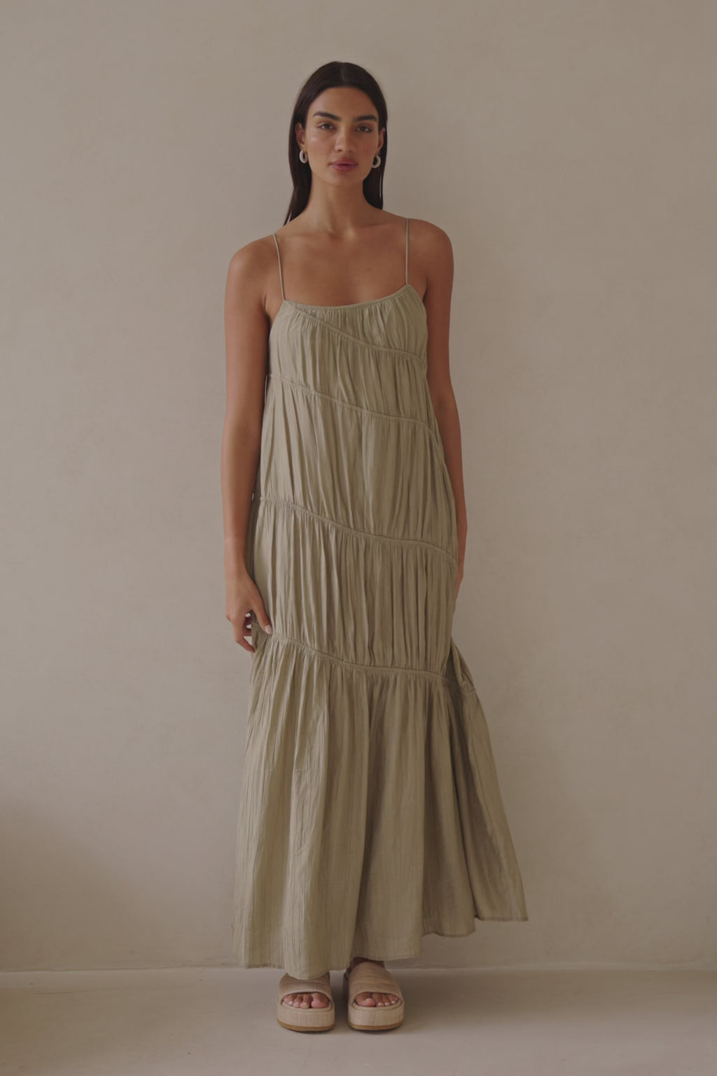 Khaki Taupe Green Ruched Maxi Daysia Dress