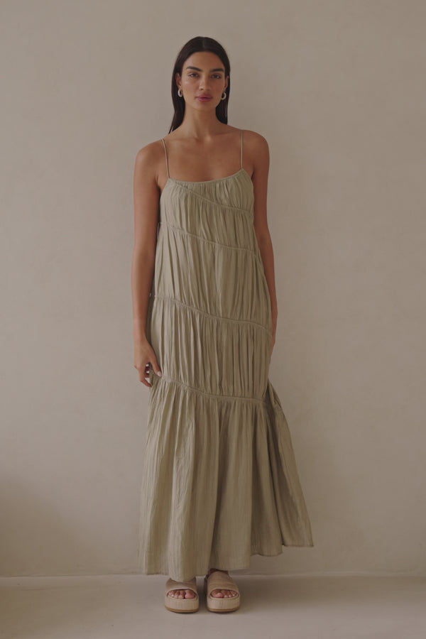 Khaki Taupe Green Ruched Maxi Daysia Dress