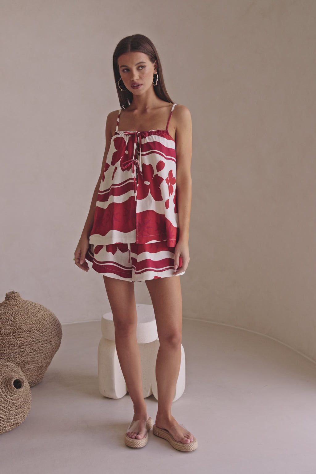 Red Sienna Sunset Print Elastic Drawstring Zuma Shorts