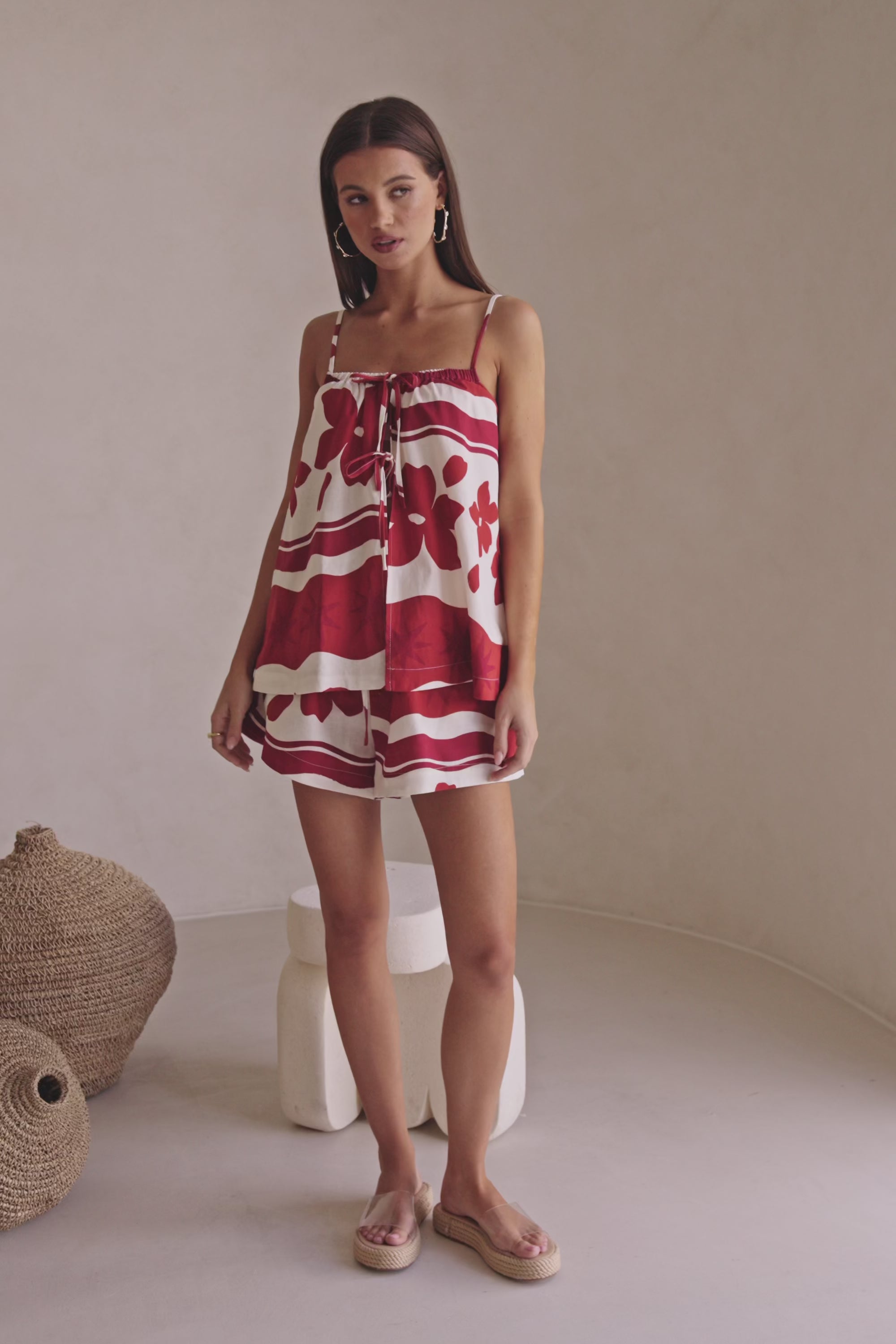 Red Sienna Sunset Print Elastic Drawstring Zuma Shorts