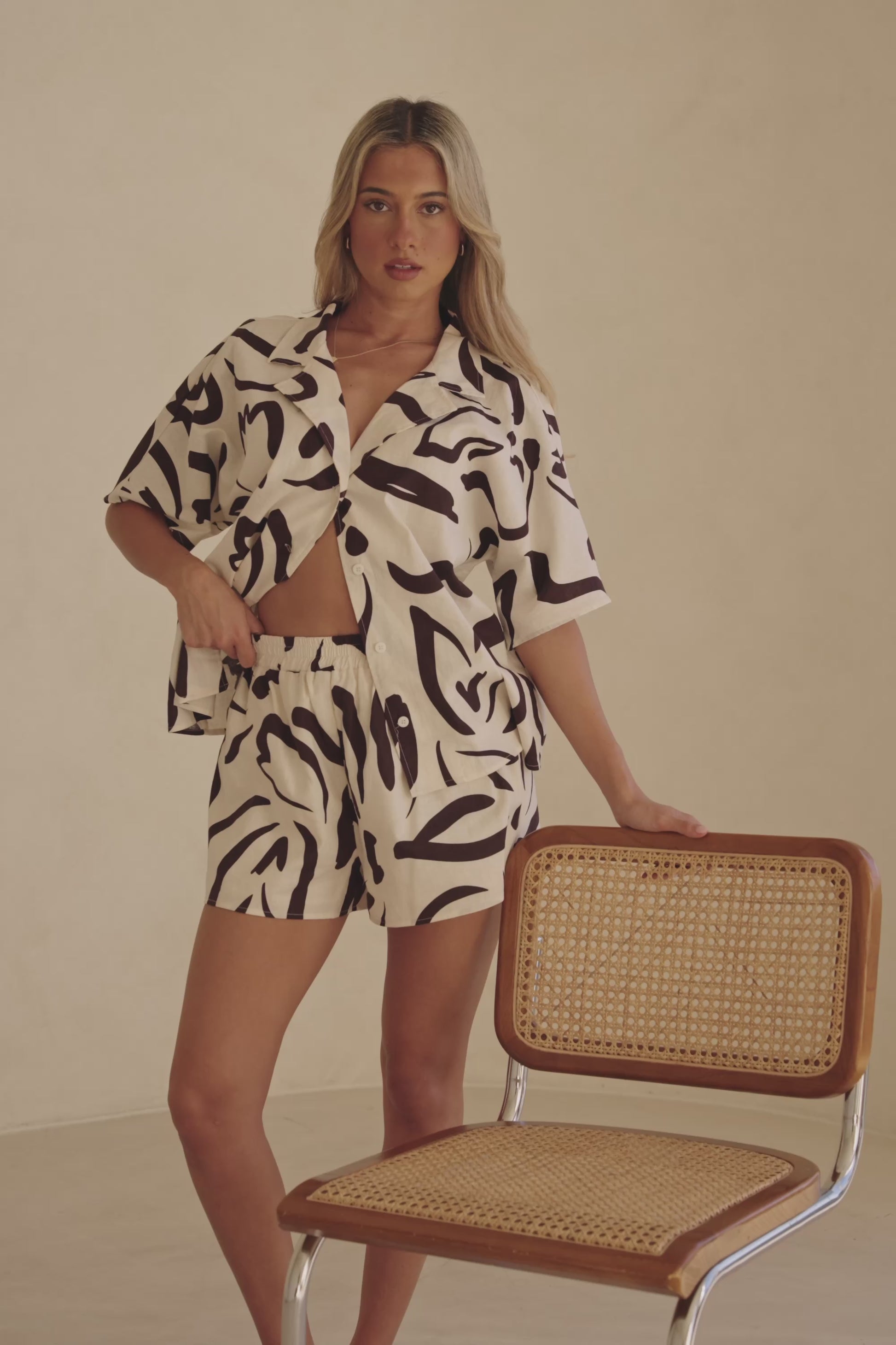 Cream Floral Fleur Lines Print Button Up Seona Top