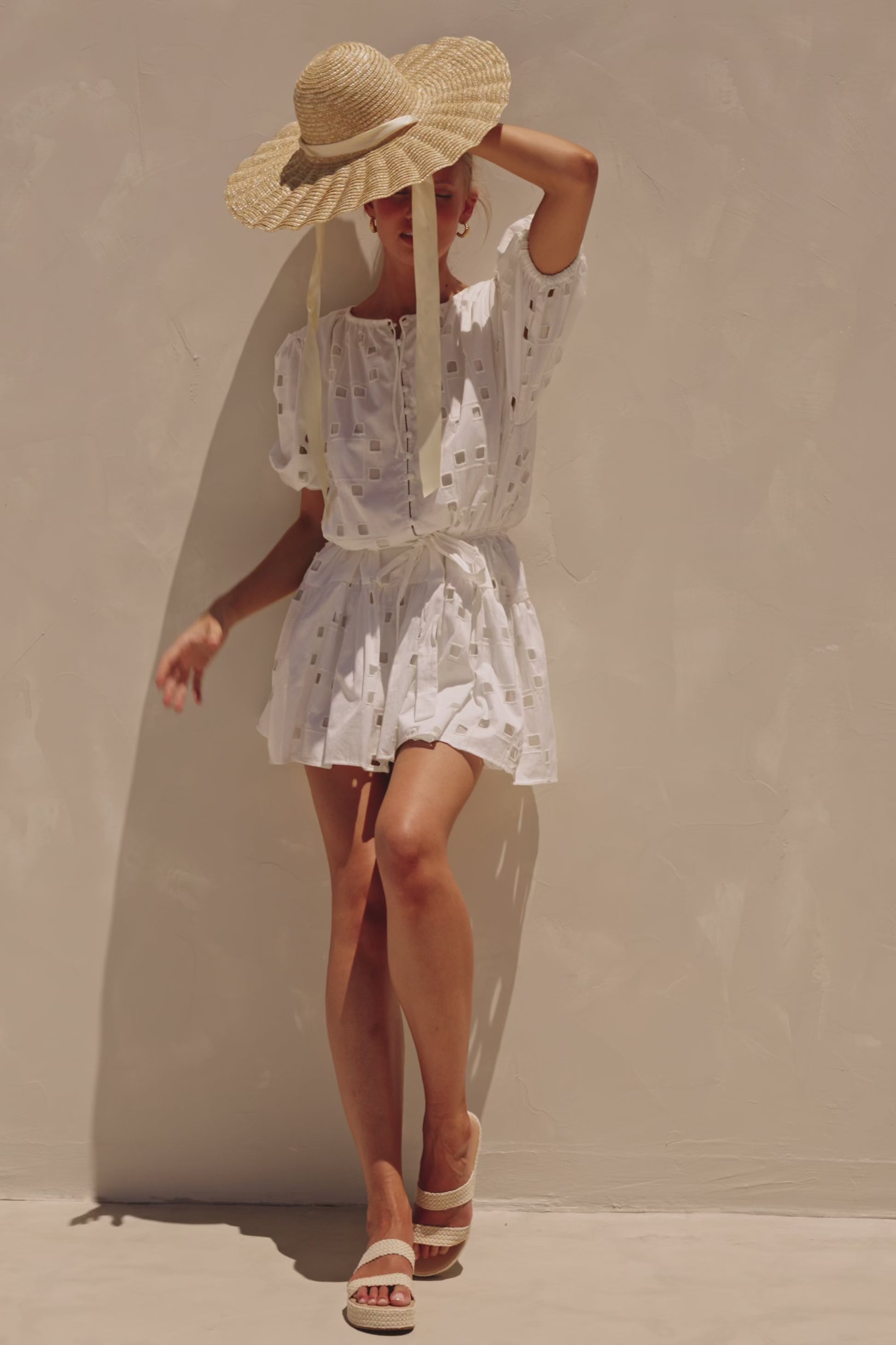 Jayde Flounce Cutout Mini Short Sleeve Dress - Cutwork Print - White