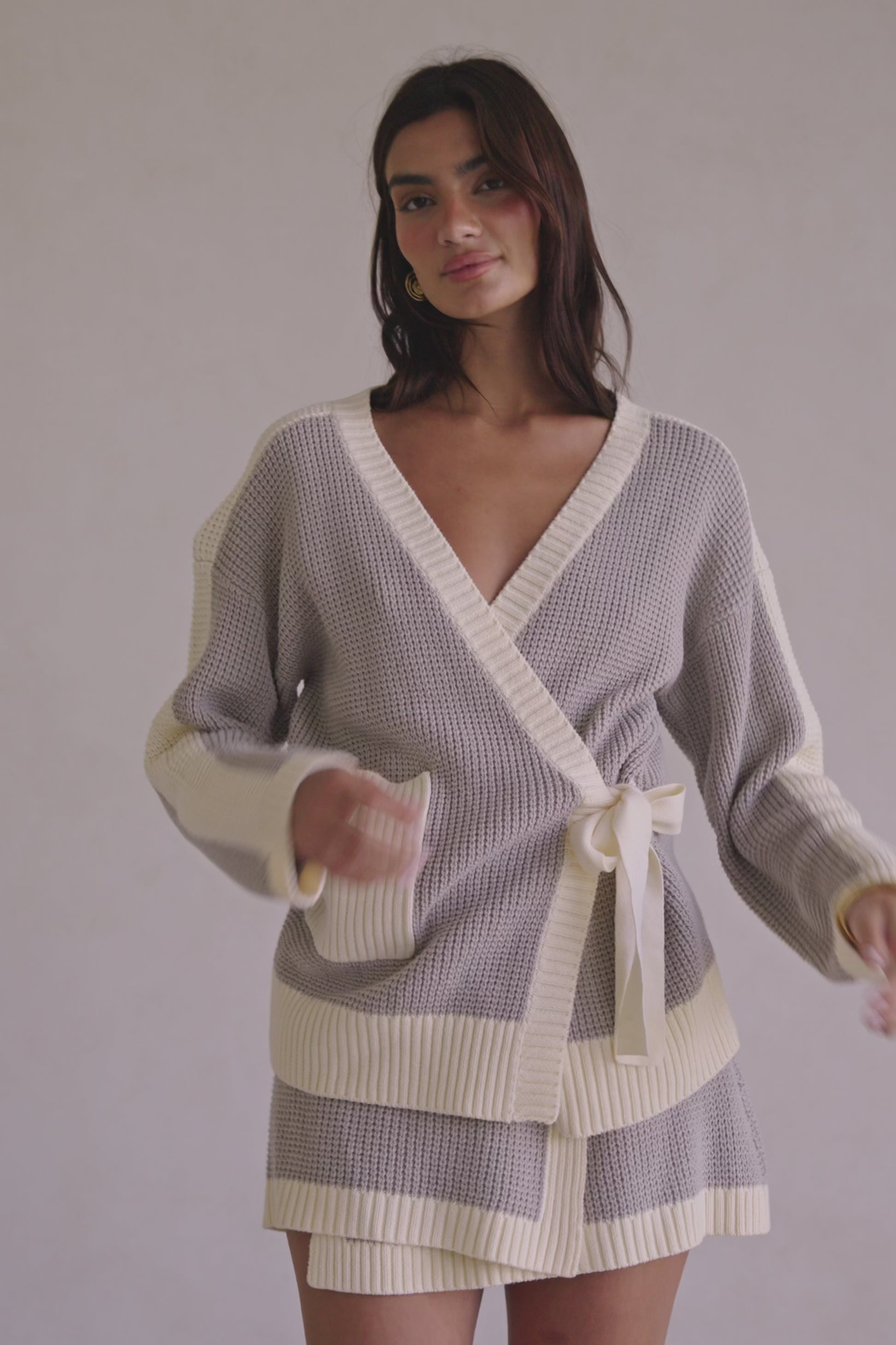 Grey and White Knit V Neck Wrap Chester Sweater