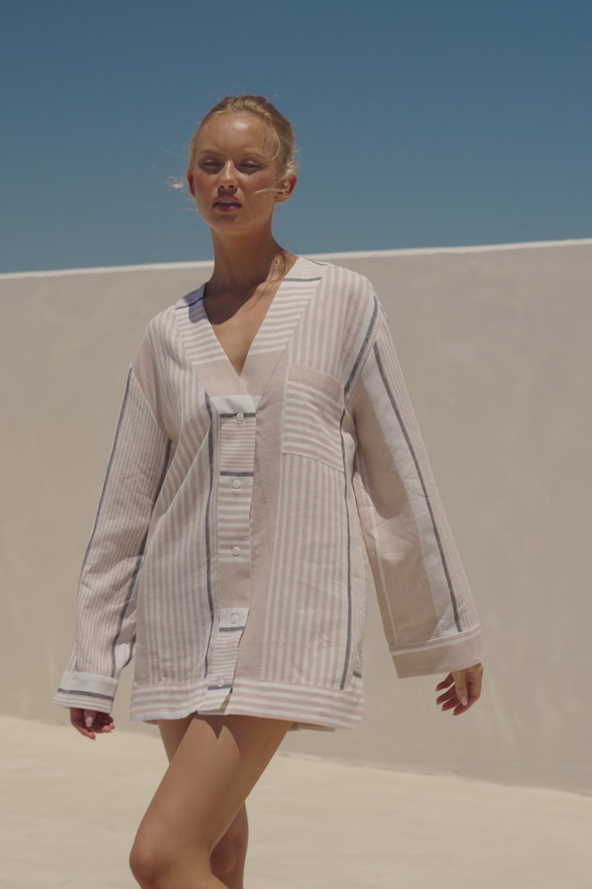 Beige Boxy Button Up V Neck Malia Dress