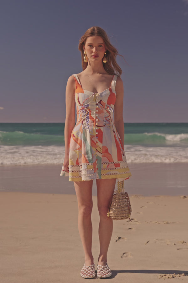 Orange Estivo Dusk Print Lace Up Mini Camille Dress