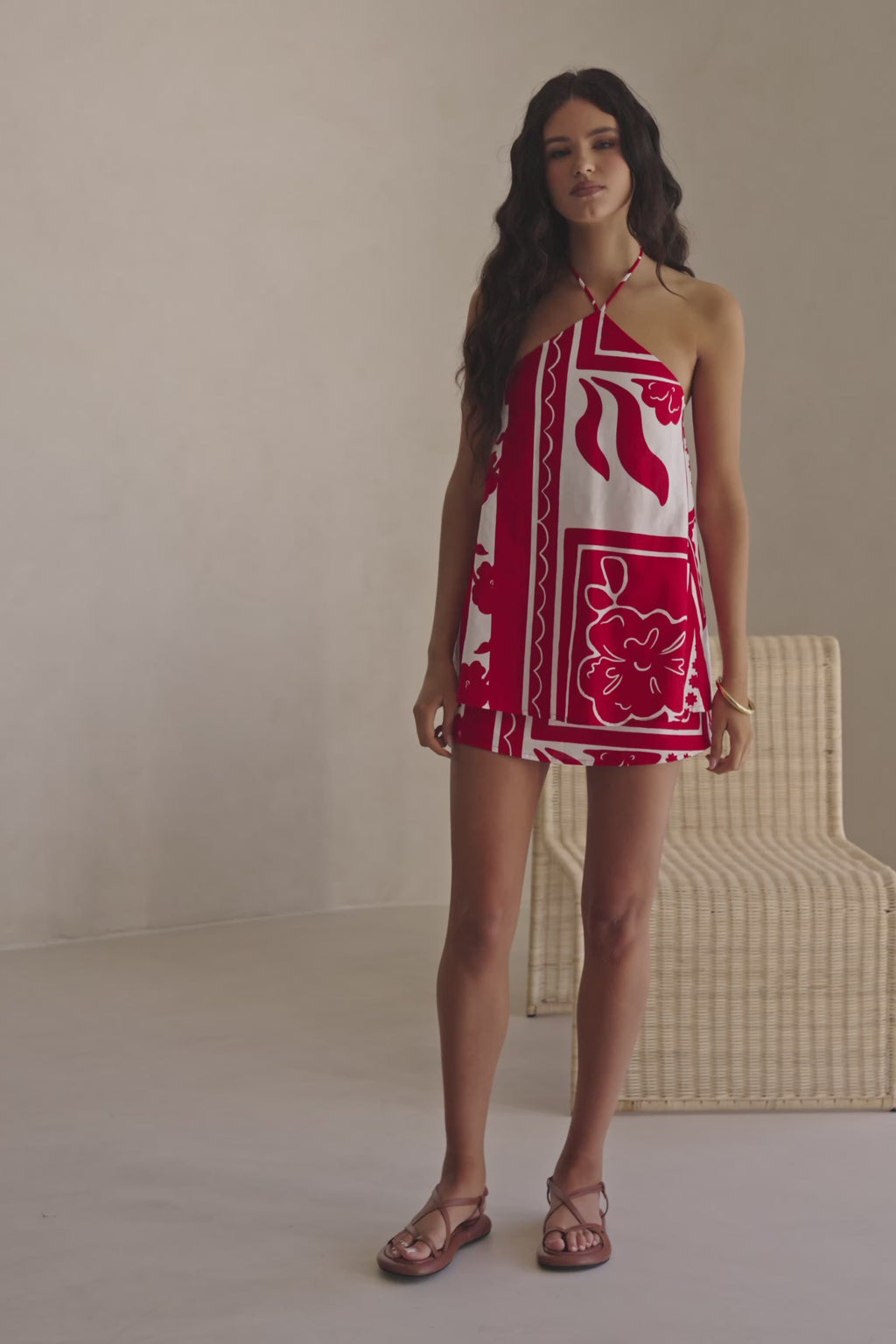 Red Voyage Print Halter A Line Mini Tasmin Dress