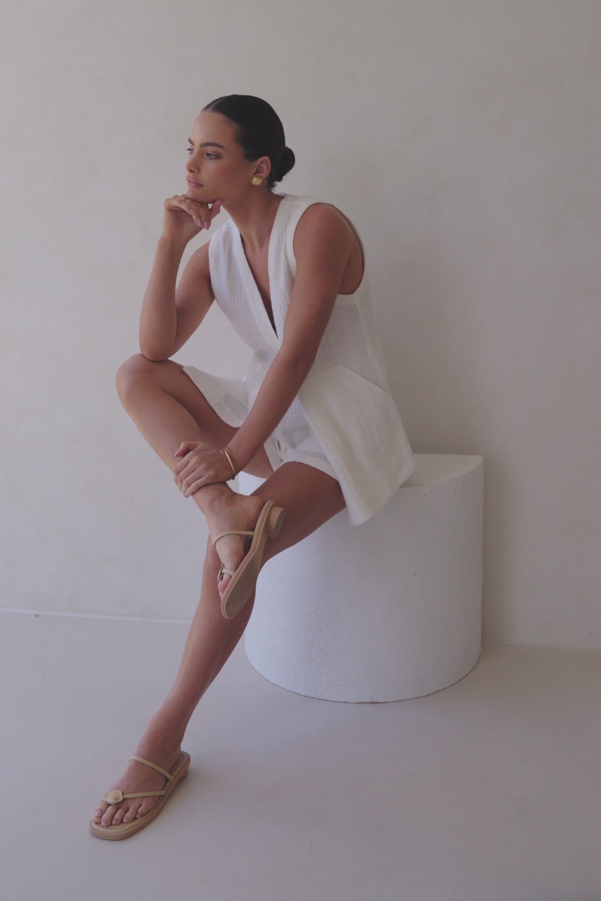 White Plunge V Neck Button Zoriah Top