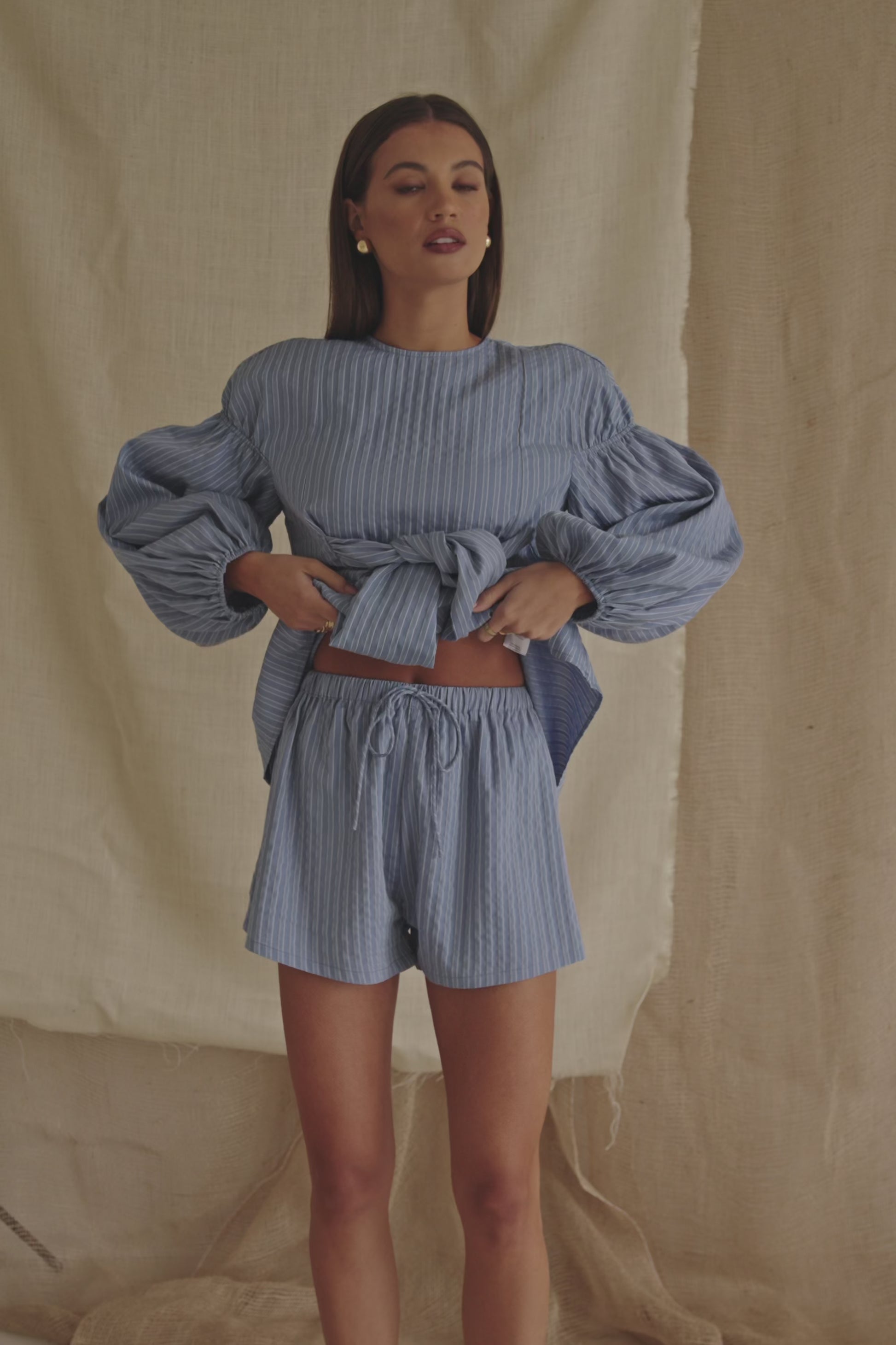 Blue Stripe Elastic Drawstring Hailey Shorts