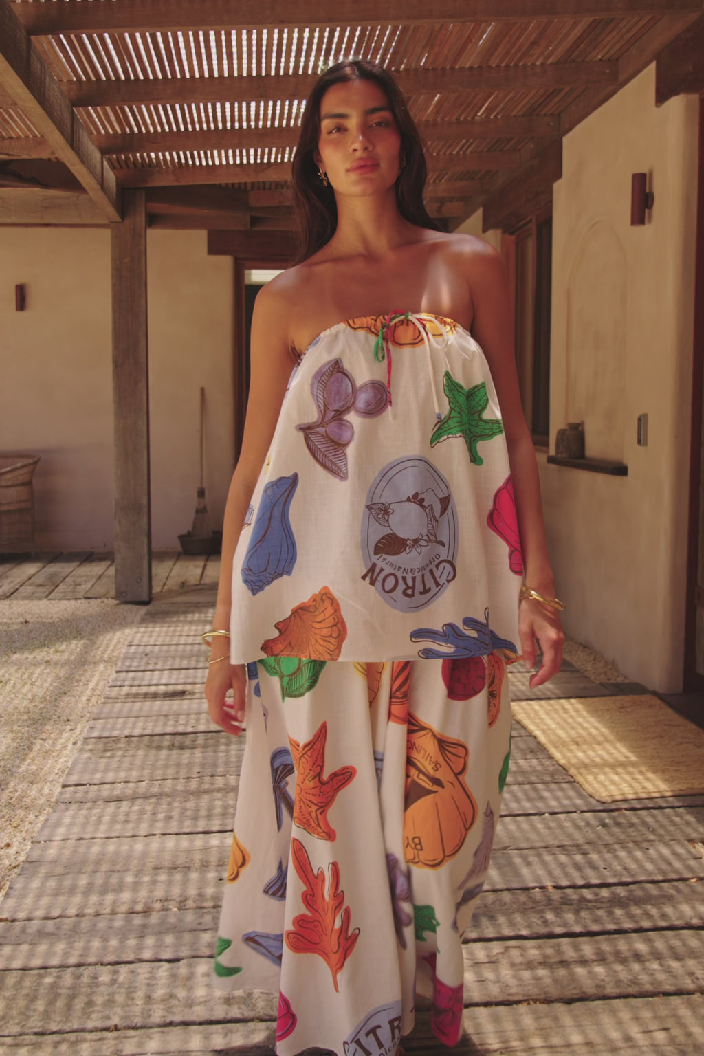 White Shell By The Sea Print Strapless Maxi Toria Dress