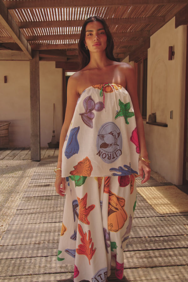 White Shell By The Sea Print Strapless Maxi Toria Dress