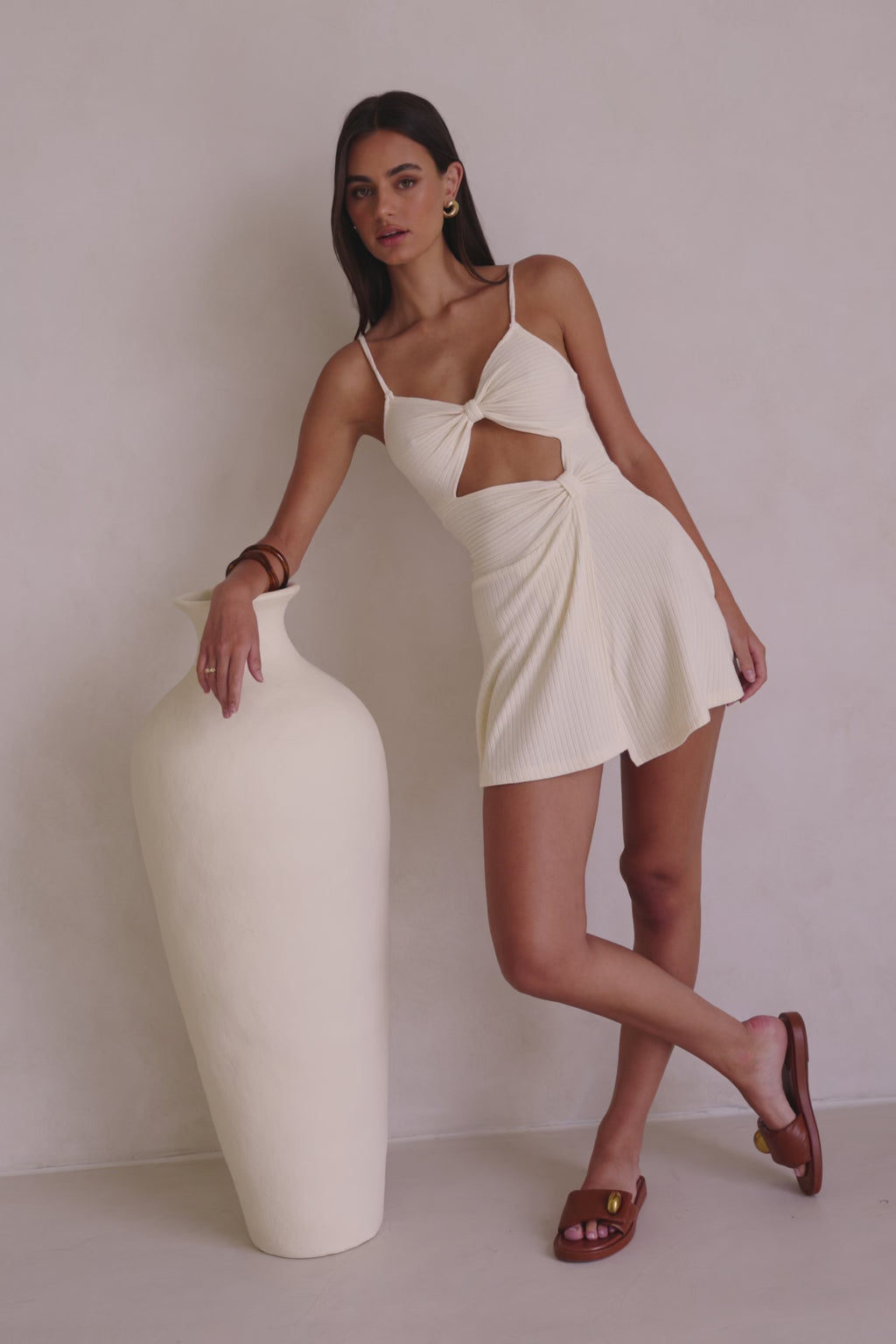 Ale Adjustable Thin Strap Cutout Mini Knot Dress - Cream