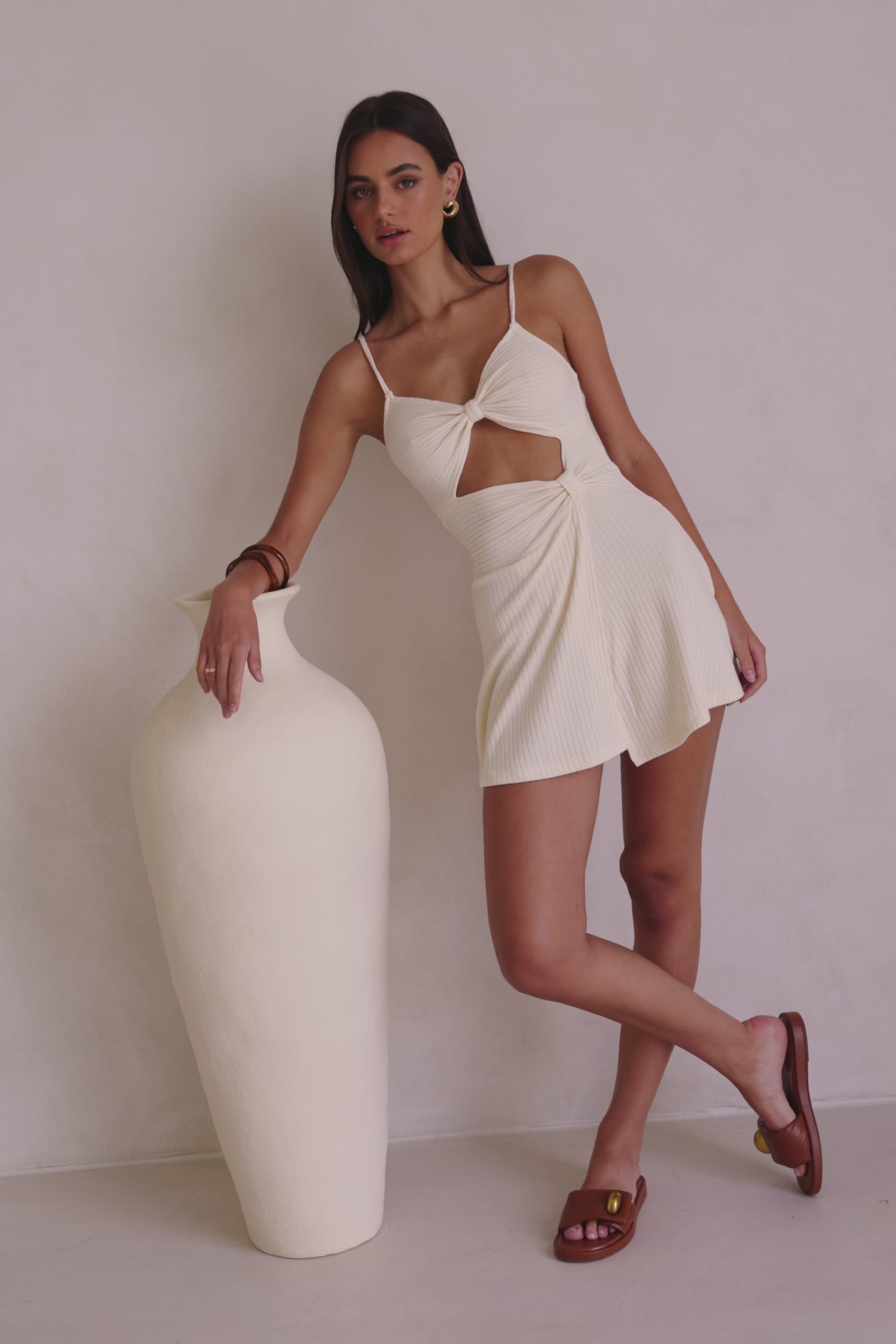 Ale Adjustable Thin Strap Cutout Mini Knot Dress - Cream